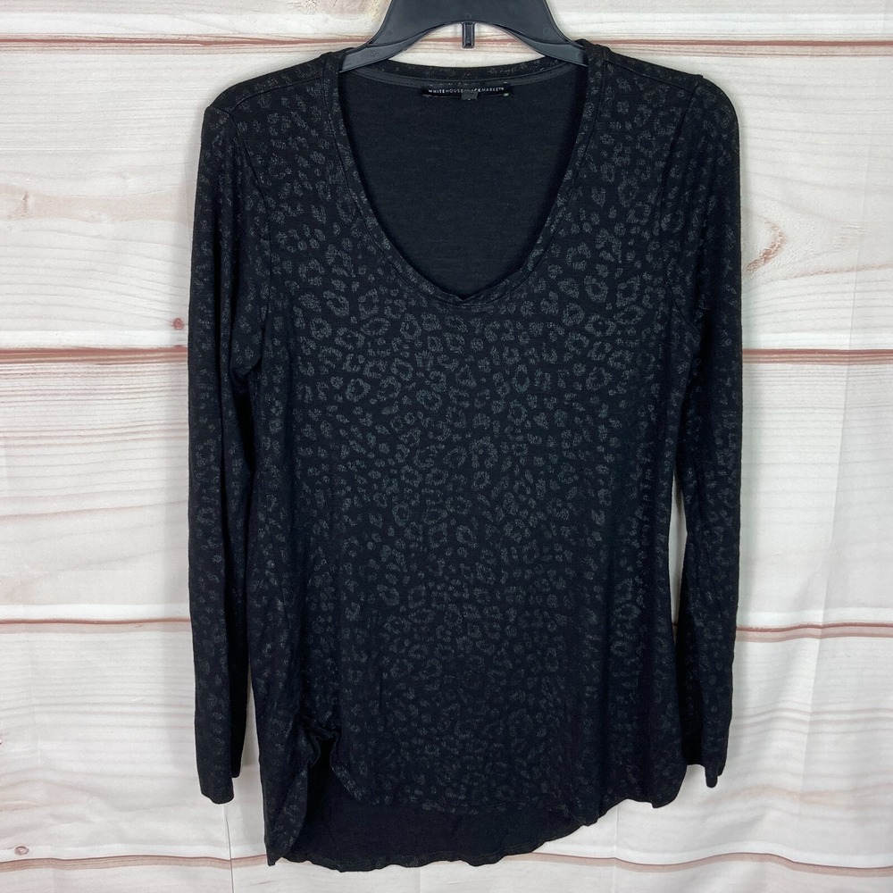 White House Black Market Top Womens S Black Leopard T-Shirt Scoop Neck Knit - Picture 1 of 7